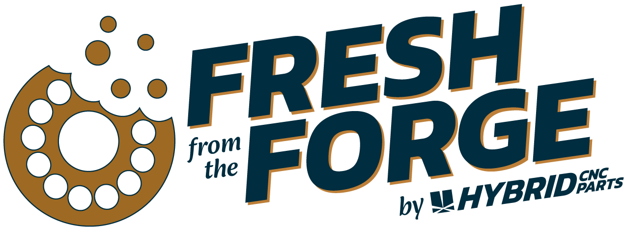 the fresh from the forge logo consisting of a bearing with a bit out of it to mimic a cookie, the name of the newsletter, and "by Hybrid CNC Parts" underneath.