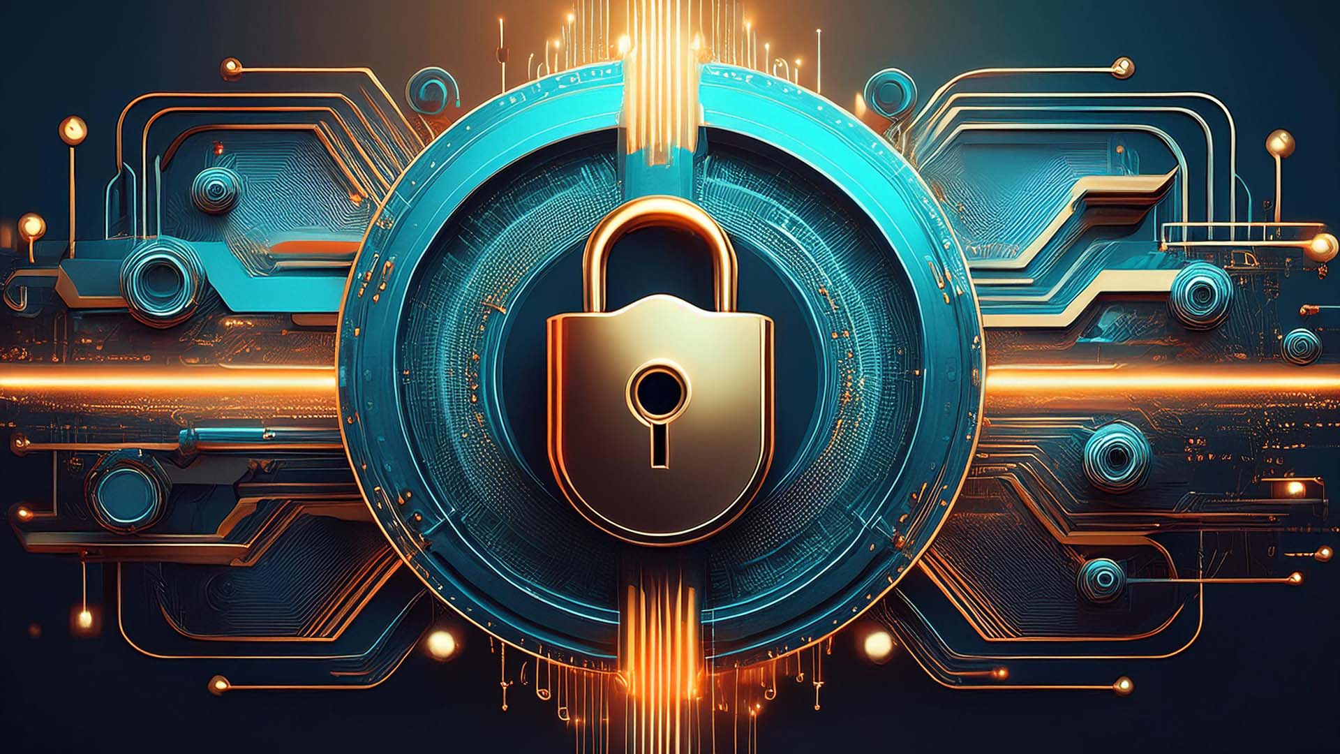 stylized ai generated concept of cybersecurity feature a lock surrounded by circuit-like lines and nodes. cybersecurity compliance for defense manufacturers.