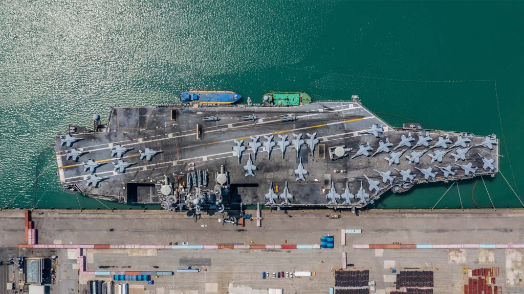 aerial view of u.s. naval ship. cybersecurity compliance for defense manufacturers is a vital aspect of any DoD contract.